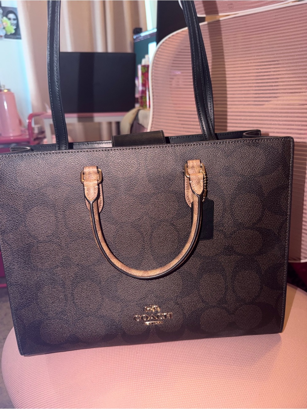 Coach Brown and Black Signature Satchel with Gold Hardware tote
